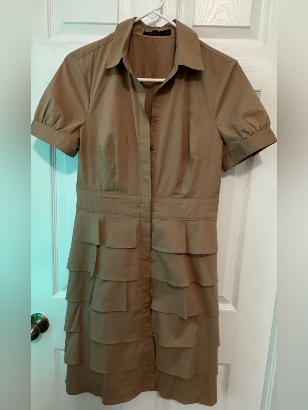 The Limited Olive Short Sleeve Tiered Shirt Dress
